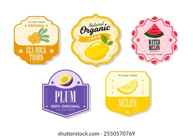 Retro fruits banner and labels. Different juices stickers. Packaging tags with watermelon, plum, melon, seabuckthron. Set of seasonal fruits labels stickers and marks or badges template for packaging