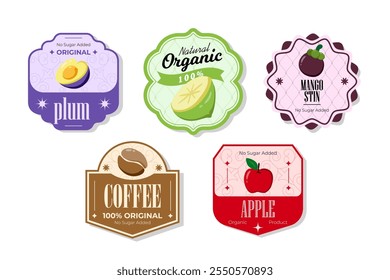 Retro fruits banner and labels. Different juices stickers. Packaging tags with apple, coffee, mangostin, plum. Set of seasonal fruits labels stickers and marks or badges template for packaging