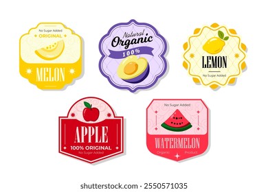 Retro fruits banner and labels. Different juices stickers. Packaging tags with watermelon, apple, lemon, melon. Set of seasonal fruits labels stickers and marks or badges template for packaging