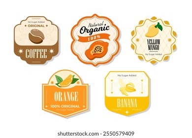 Retro fruits banner and labels. Different juices stickers. Packaging tags with banana, orange, yellow mango, coffee. Set of seasonal fruits labels stickers and marks or badges template for packaging