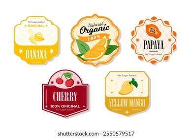 Retro fruits banner and labels. Different juices stickers. Packaging tags with papaya, yellow mango, cherry, banana. Set of seasonal fruits labels stickers and marks or badges template for packaging