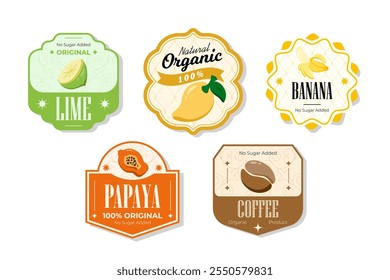 Retro fruits banner and labels. Different juices stickers. Packaging tags with coffee, papaya, banana, lime. Set of seasonal fruits labels stickers and marks or badges template for packaging