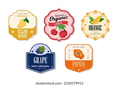 Retro fruits banner and labels. Different juices stickers. Packaging tags with yellow mango, orange, grape, papaya. Set of seasonal fruits labels stickers and marks or badges template for packaging