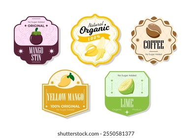 Retro fruits banner and labels. Different juices stickers. Packaging tags with lime, yellow mango, coffee, mangostine. Set of seasonal fruits labels stickers and marks or badges template for packaging