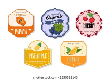 Retro fruits banner and labels. Different juices stickers. Packaging tags with papaya, cherry, pineapple, orange. Set of seasonal fruits labels stickers and marks or badges template for packaging