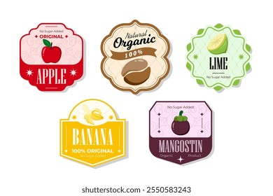 Retro fruits banner and labels. Different juices stickers. Packaging tags with mangostin, banana, lime, apple. Set of seasonal fruits labels stickers and marks or badges template for packaging