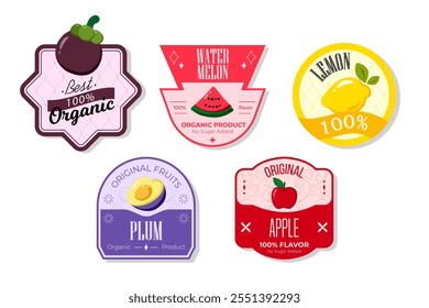 Retro fruits banner and labels. Different juices stickers. Packaging tags with lemon, apple, plum, watermelon. Set of seasonal fruits labels stickers and marks or badges template for packaging