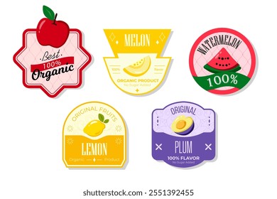 Retro fruits banner and labels. Different juices stickers. Packaging tags with watermelon, plum, lemon, melon. Set of seasonal fruits labels stickers and marks or badges template for packaging