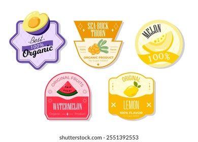 Retro fruits banner and labels. Different juices stickers. Packaging tags with lemon, watermelon, melon, seabuckthorn. Set of seasonal fruits labels stickers and marks or badges template for packaging