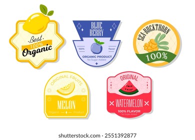 Retro fruits banner and labels. Different juices stickers. Packaging tags with seabuckthorn blueberry watermelon melon.Set of seasonal fruits labels stickers and marks or badges template for packaging