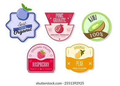 Retro fruits banner and labels. Different juices stickers. Packaging tags with pear, raspberry, kiwi, pomegranate. Set of seasonal fruits labels stickers and marks or badges template for packaging