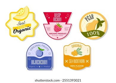 Banner e rótulos de frutas retro. Diferentes adesivos de sucos. Etiquetas de embalagem com seabuckthorn, framboesa de pera de mirtilo. Conjunto de etiquetas de frutas sazonais adesivos e marcas ou emblemas modelo para embalagem