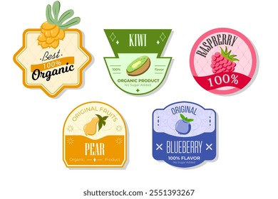 Retro fruits banner and labels. Different juices stickers. Packaging tags with kiwi, raspberry, pear, blueberry. Set of seasonal fruits labels stickers and marks or badges template for packaging