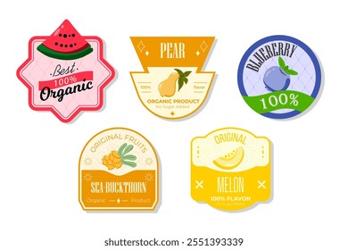 Retro fruits banner and labels. Different juices stickers. Packaging tags with seabuckthorn, melon, blueberry, pear. Set of seasonal fruits labels stickers and marks or badges template for packaging