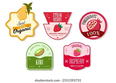 Retro fruits banner and labels. Different juices stickers. Packaging tags with raspberry, pomegranate kiwi strawberry. Set of seasonal fruits labels stickers and marks or badges template for packaging