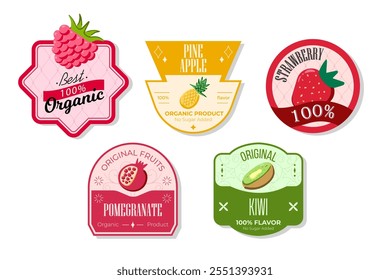 Retro fruits banner and labels. Different juices stickers. Packaging tags with strawberry pomegranate pineapple, kiwi. Set of seasonal fruits labels stickers and marks or badges template for packaging