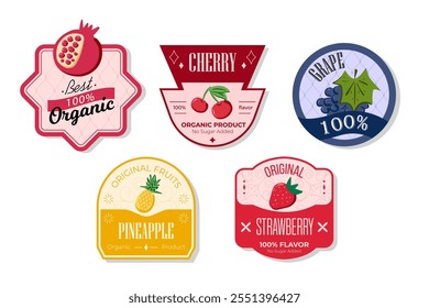 Banner e rótulos de frutas retro. Diferentes adesivos de sucos. Etiquetas de embalagem com morango, uva, abacaxi, cereja. Conjunto de etiquetas de frutas sazonais adesivos e marcas ou emblemas modelo para embalagem