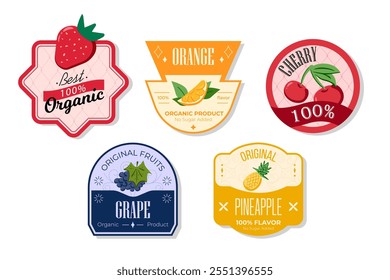 Retro fruits banner and labels. Different juices stickers. Packaging tags with pineapple, grape, cherry, orange. Set of seasonal fruits labels stickers and marks or badges template for packaging