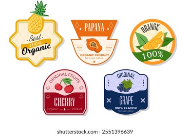 Retro fruits banner and labels. Different juices stickers. Packaging tags with papaya, orange, cherry, grape. Set of seasonal fruits labels stickers and marks or badges template for packaging