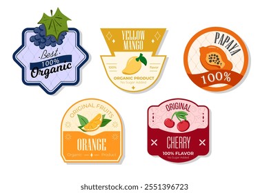 Banner e rótulos de frutas retro. Diferentes adesivos de sucos. Etiquetas de embalagem com manga amarela, mamão, laranja, cereja. Conjunto de etiquetas de frutas sazonais adesivos e marcas ou emblemas modelo para embalagem