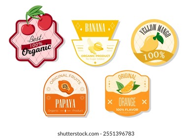 Retro fruits banner and labels. Different juices stickers. Packaging tags with papaya, orange, yellow mango, banana. Set of seasonal fruits labels stickers and marks or badges template for packaging