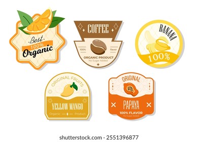 Retro fruits banner and labels. Different juices stickers. Packaging tags with yellow mango, papaya, banana, coffee. Set of seasonal fruits labels stickers and marks or badges template for packaging