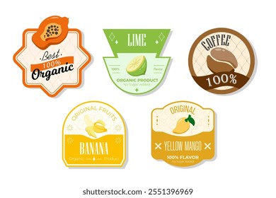 Retro fruits banner and labels. Different juices stickers. Packaging tags with yellow mango, coffee, banana, lime. Set of seasonal fruits labels stickers and marks or badges template for packaging