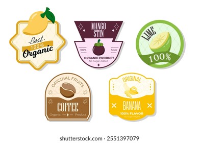 Retro fruits banner and labels. Different juices stickers. Packaging tags with coffee, banana, lime, mangostin. Set of seasonal fruits labels stickers and marks or badges template for packaging