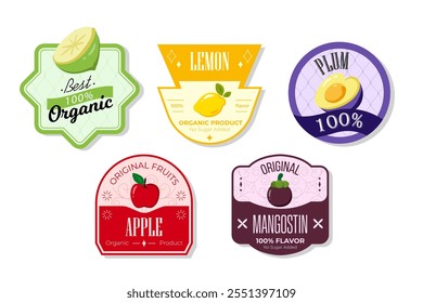 Retro fruits banner and labels. Different juices stickers. Packaging tags with lemon, apple, mangostin, plum. Set of seasonal fruits labels stickers and marks or badges template for packaging