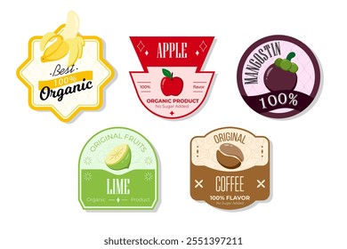 Retro fruits banner and labels. Different juices stickers. Packaging tags with lime, coffee, mangostin, apple. Set of seasonal fruits labels stickers and marks or badges template for packaging