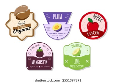 Retro fruits banner and labels. Different juices stickers. Packaging tags with apple, lime, mangostin, plum. Set of seasonal fruits labels stickers and marks or badges template for packaging