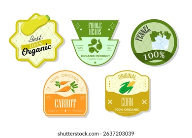 Retro fruits banner and labels. Different juices stickers. Packaging tags with fennel, corn, fiddleheads, carrot. Set of seasonal fruits labels stickers and marks or badges template for packaging