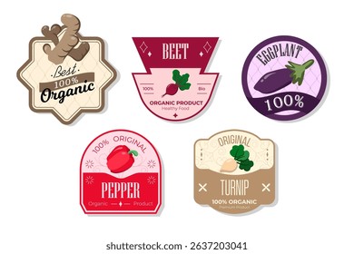 Retro fruits banner and labels. Different juices stickers. Packaging tags with turnip, pepper, beet, eggplant. Set of seasonal fruits labels stickers and marks or badges template for packaging