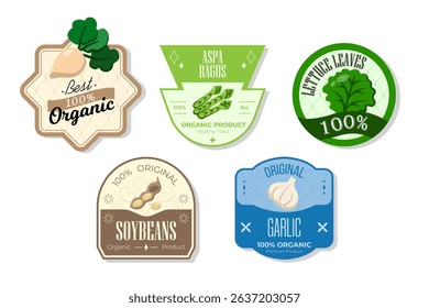 Retro fruits banner and labels. Different juices stickers. Packaging tags with asparagus, lettuce, soybeans, garlic. Set of seasonal fruits labels stickers and marks or badges template for packaging