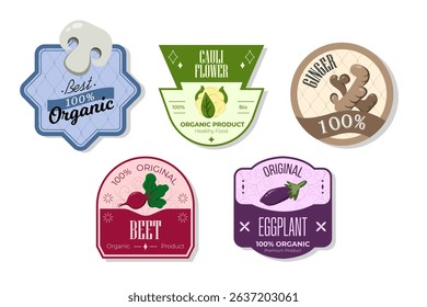 Retro fruits banner and labels. Different juices stickers. Packaging tags with eggplant, beet, ginger, cauliflower. Set of seasonal fruits labels stickers and marks or badges template for packaging
