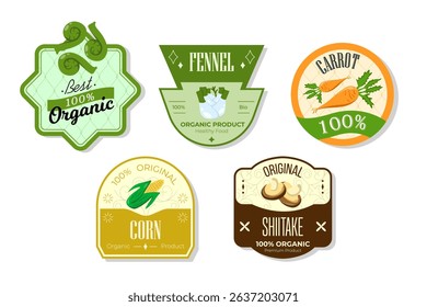 Retro fruits banner and labels. Different juices stickers. Packaging tags with corn, shiitake, carrot, fennel. Set of seasonal fruits labels stickers and marks or badges template for packaging