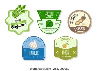 Retro fruits banner and labels. Different juices stickers. Packaging tags with lettuce, soybeans, garlic, onion. Set of seasonal fruits labels stickers and marks or badges template for packaging