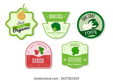 Retro fruits banner and labels. Different juices stickers. Packaging tags with radish, broccoli, artichoke, bok choy. Set of seasonal fruits labels stickers and marks or badges template for packaging