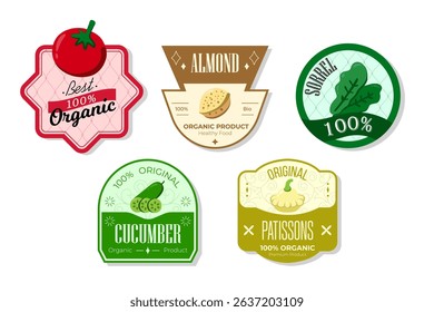 Retro fruits banner and labels. Different juices stickers. Packaging tags with cucumber. patissons, sorrel, almond. Set of seasonal fruits labels stickers and marks or badges template for packaging