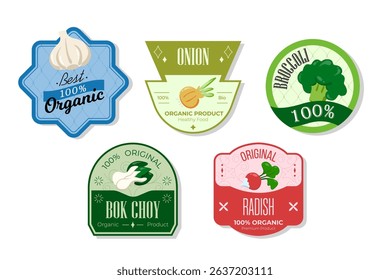 Retro fruits banner and labels. Different juices stickers. Packaging tags with onion, broccoli, bok choy, radish. Set of seasonal fruits labels stickers and marks or badges template for packaging