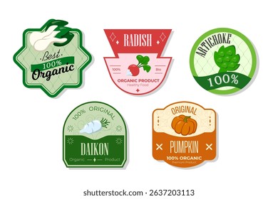 Retro fruits banner and labels. Different juices stickers. Packaging tags with daikon, pumpkin, artichoke, radish. Set of seasonal fruits labels stickers and marks or badges template for packaging