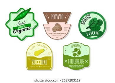 Retro fruits banner and labels. Different juices stickers. Packaging tags with potato, spinach, zucchini, fiddleheads. Set of seasonal fruits labels stickers and marks or badges template for packaging