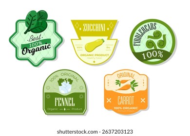 Retro fruits banner and labels. Different juices stickers. Packaging tags with zucchini, fiddleheads, fennel, carrot. Set of seasonal fruits labels stickers and marks or badges template for packaging