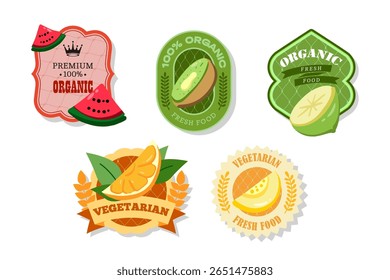 Banner e rótulos de frutas retro. Diferentes adesivos de sucos. Etiquetas de embalagem com kiwi; limão; melão; melancia; laranja. Conjunto de etiquetas de frutas sazonais adesivos e marcas ou emblemas modelo para embalagem