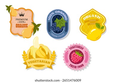 Retro fruits banner and labels. Different juices stickers. Packaging tags with pear, grape, lemon, banana, raspberry. Set of seasonal fruits labels stickers and marks or badges template for packaging