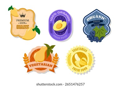 Retro fruits banner and labels. Different juices stickers. Packaging tags with plum, grape, banana, pear, mango. Set of seasonal fruits labels stickers and marks or badges template for packaging