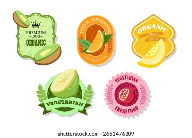 Banner e rótulos de frutas retro. Diferentes adesivos de sucos. Etiquetas de embalagem com limão, melão, kiwi, laranja, romã. Conjunto de etiquetas de frutas sazonais adesivos e marcas ou emblemas modelo para embalagem