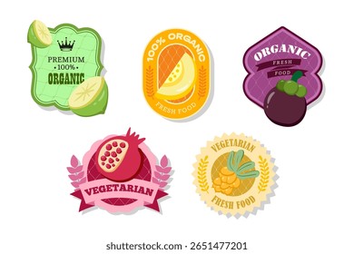 Banner e rótulos de frutas retro. Diferentes adesivos de sucos. Etiquetas de embalagem com cal, melão, romã, seabuckthorn. Conjunto de etiquetas de frutas sazonais adesivos e marcas ou emblemas modelo para embalagem
