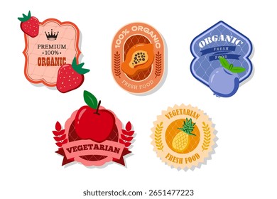 Retro fruits banner and labels. Different juices stickers. Packaging tags with apple, pineapple, blueberry, strawberry.Set of seasonal fruits labels stickers and marks or badges template for packaging