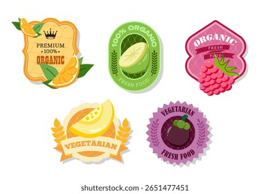 Banner e rótulos de frutas retro. Diferentes adesivos de sucos. Etiquetas de embalagem com limão, laranja, framboesa, melão, mangostin.Set de etiquetas de frutas sazonais adesivos e marcas ou emblemas modelo para embalagem